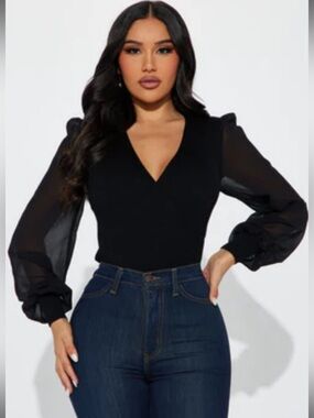 Women's Black V-Neck Sheer Sleeve Top